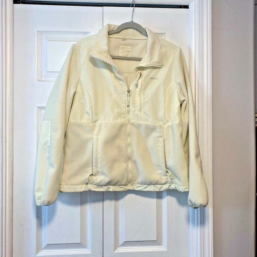 Calvin Klein Performance Womens Sz L Fleece Jacket Coat Off white Quick Dry Full